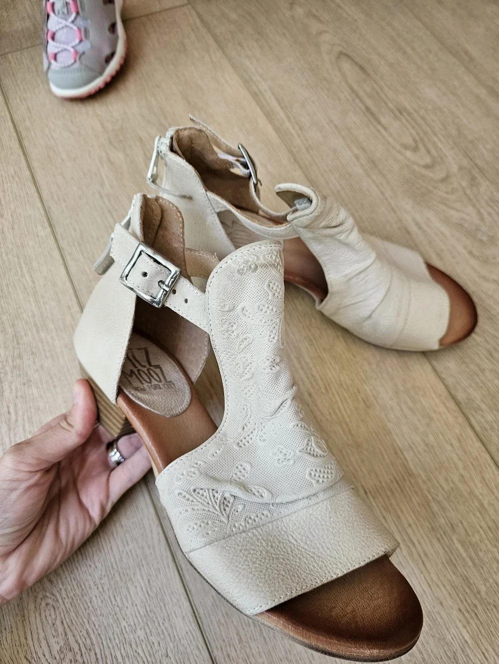Miz Mooz Leather Heeled Sandals Open Toe Corra Linen Tooled Leather
